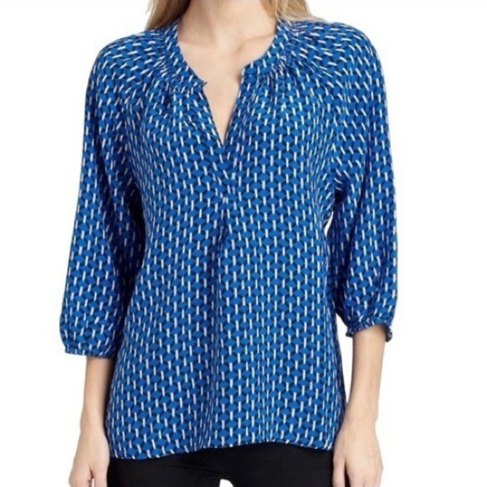 Joie Blouse Top Women’s Medium Blue 100% Silk Geometric Print 3/4 Balloon Sleeve